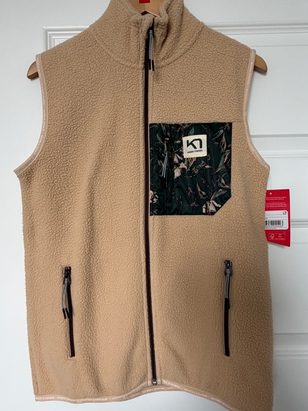 Kari Traa Beige Sherpa Vest with Dark Green Floral Pocket